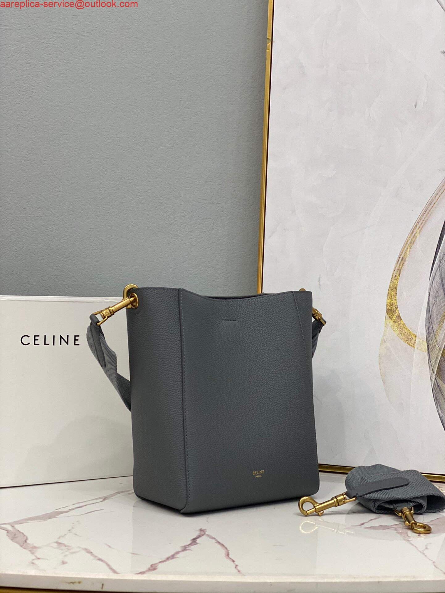 Celine 178303 Sangle Small Bucket Bag in Soft Grained Calfskin Gray