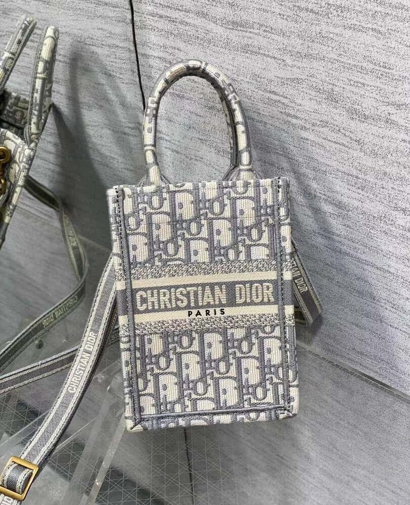 Replica Dior S5555 Mini Dior Book Tote Phone Bag Gray Dior Oblique Embroidery