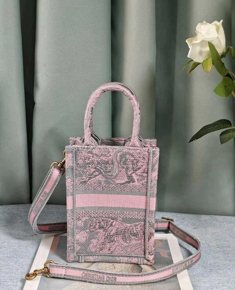 Replica Dior S5555 Mini Dior Book Tote Phone Bag Gray and Pink Toile de Jouy Reverse Embroidery
