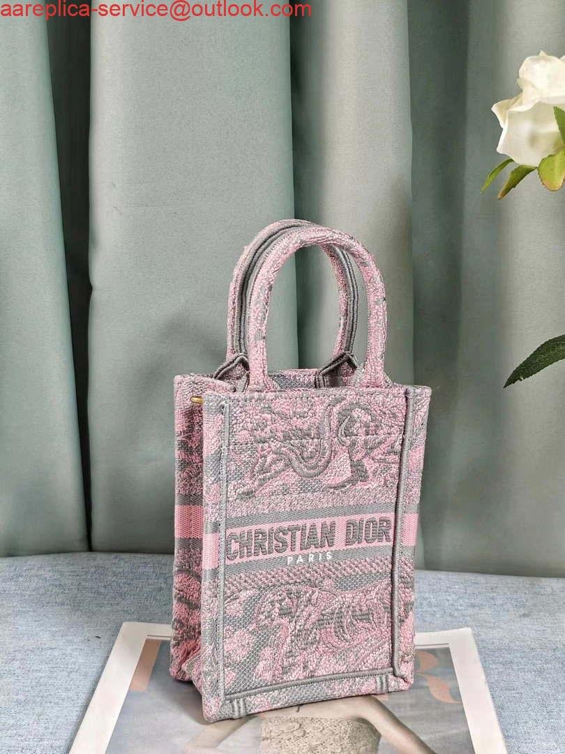 Replica Dior S5555 Mini Dior Book Tote Phone Bag Gray and Pink Toile de Jouy Reverse Embroidery