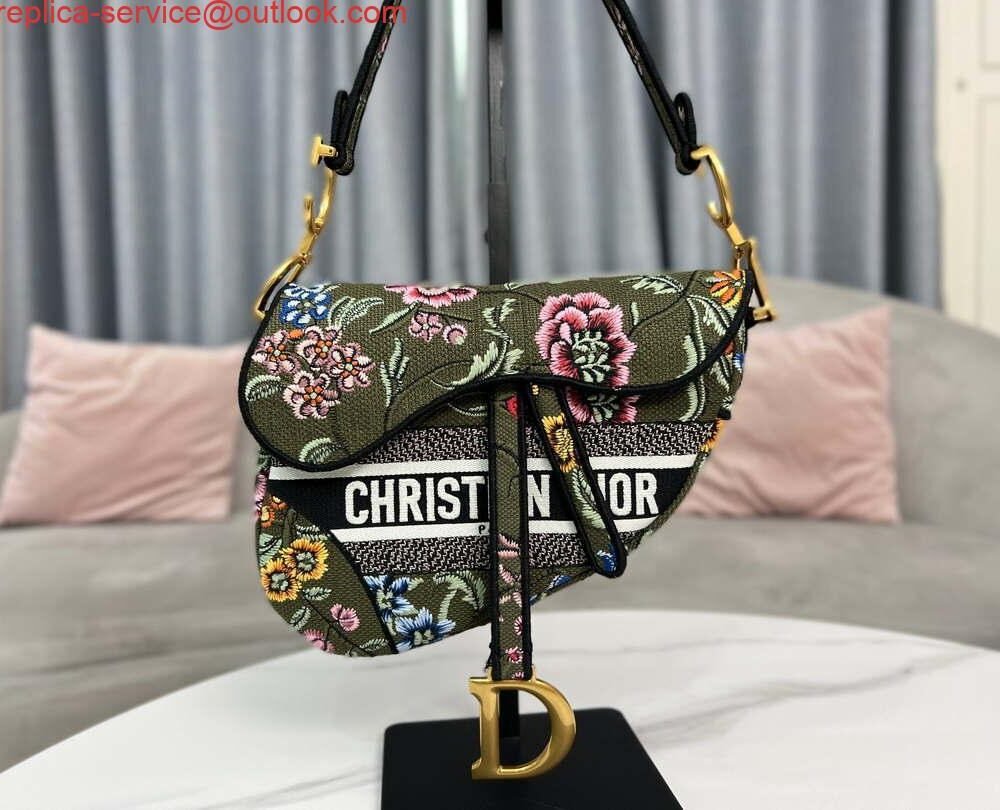 Dior M0455 Saddle Bag With Strap Green Cross-Stitch Embroidery
