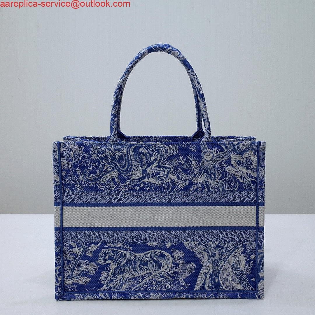Dior M1296 Book Tote Medium Neon Blue Toile de Jouy Reverse Embroidery