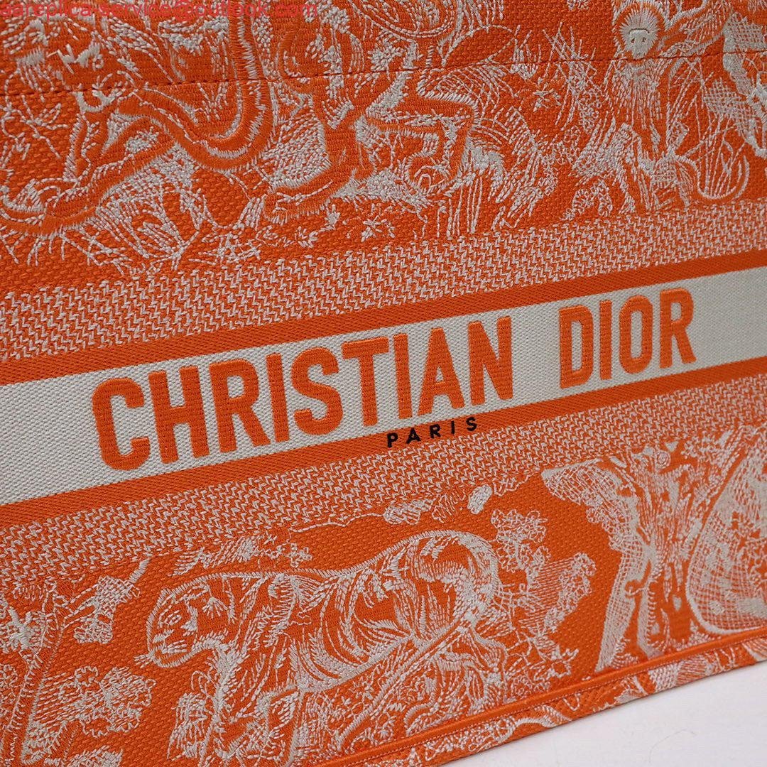 Dior M1296 Book Tote Medium Neon Orange Toile de Jouy Reverse Embroidery