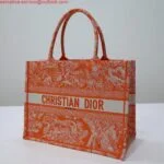 Dior M1296 Book Tote Medium Neon Orange Toile de Jouy Reverse Embroidery