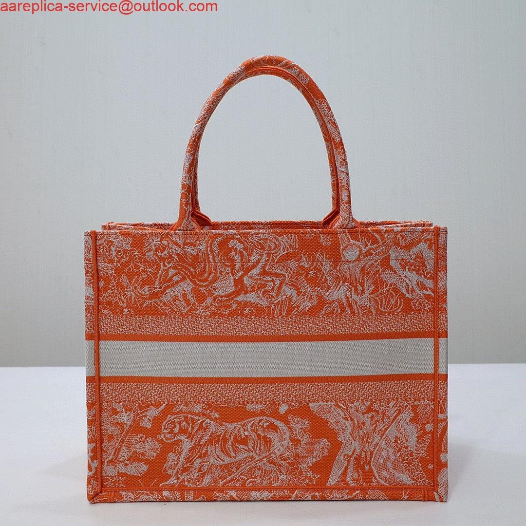 Dior M1296 Book Tote Medium Neon Orange Toile de Jouy Reverse Embroidery