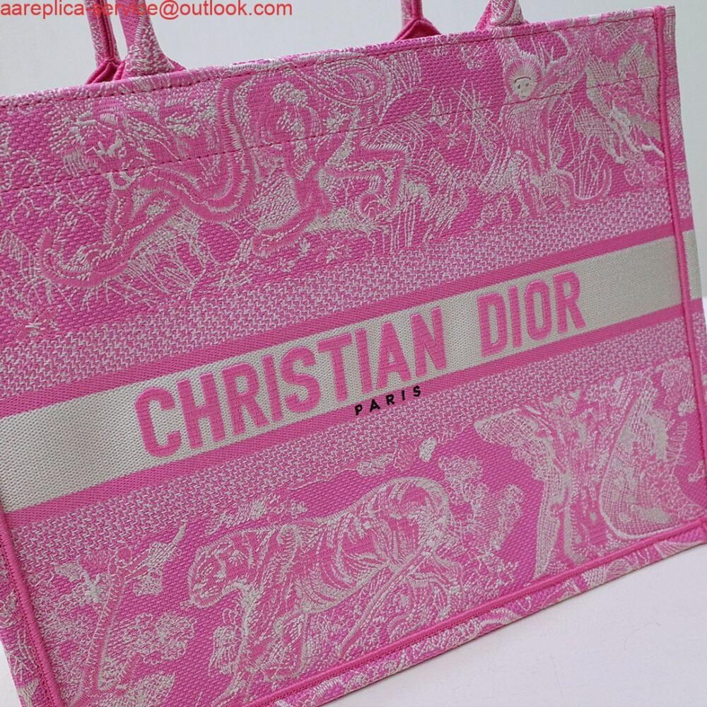 Dior M1296 Book Tote Medium Neon pink Toile de Jouy Reverse Embroidery