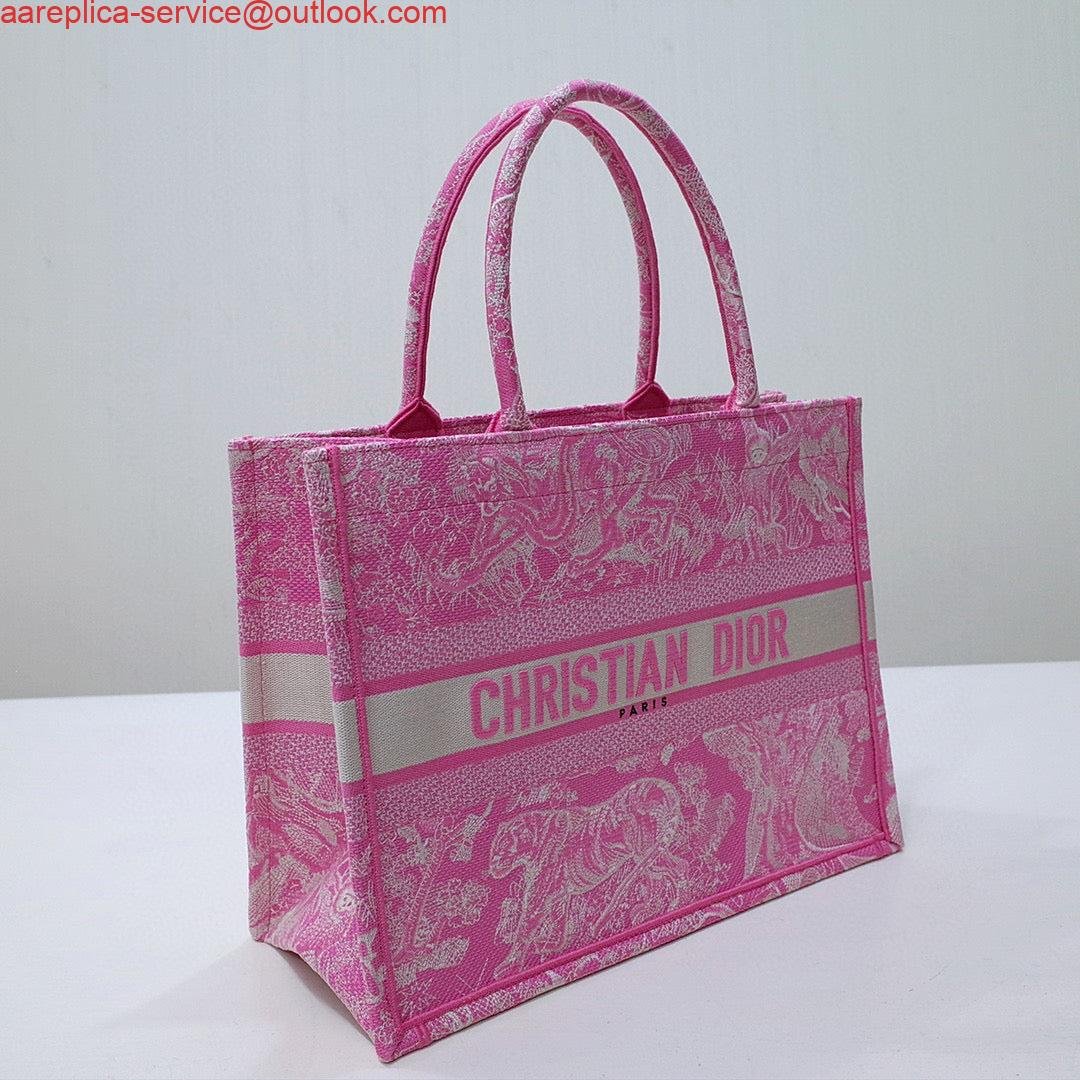 Dior M1296 Book Tote Medium Neon pink Toile de Jouy Reverse Embroidery