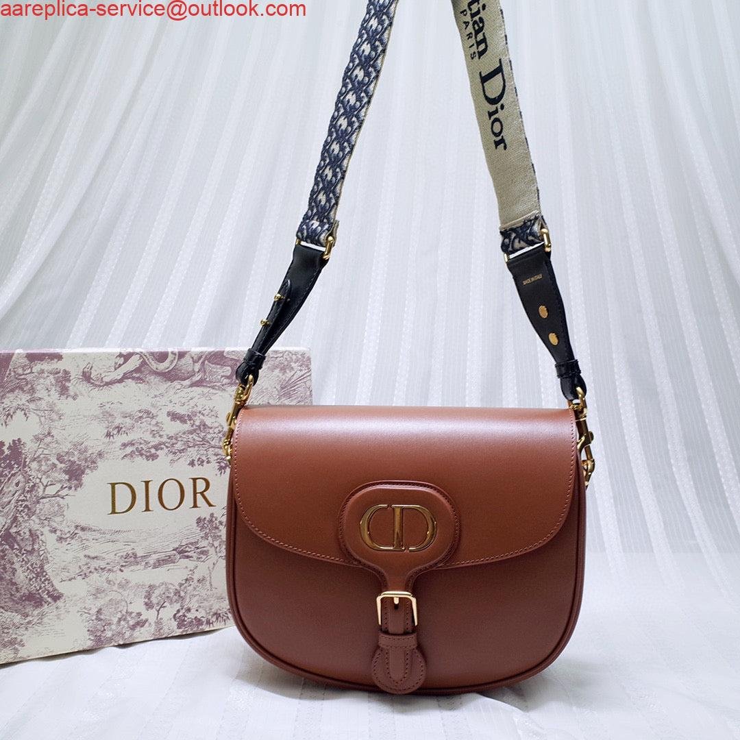 Replica Dior M9320 Large Bobby Bag Brown Box Calfskin with Blue Oblique Strap