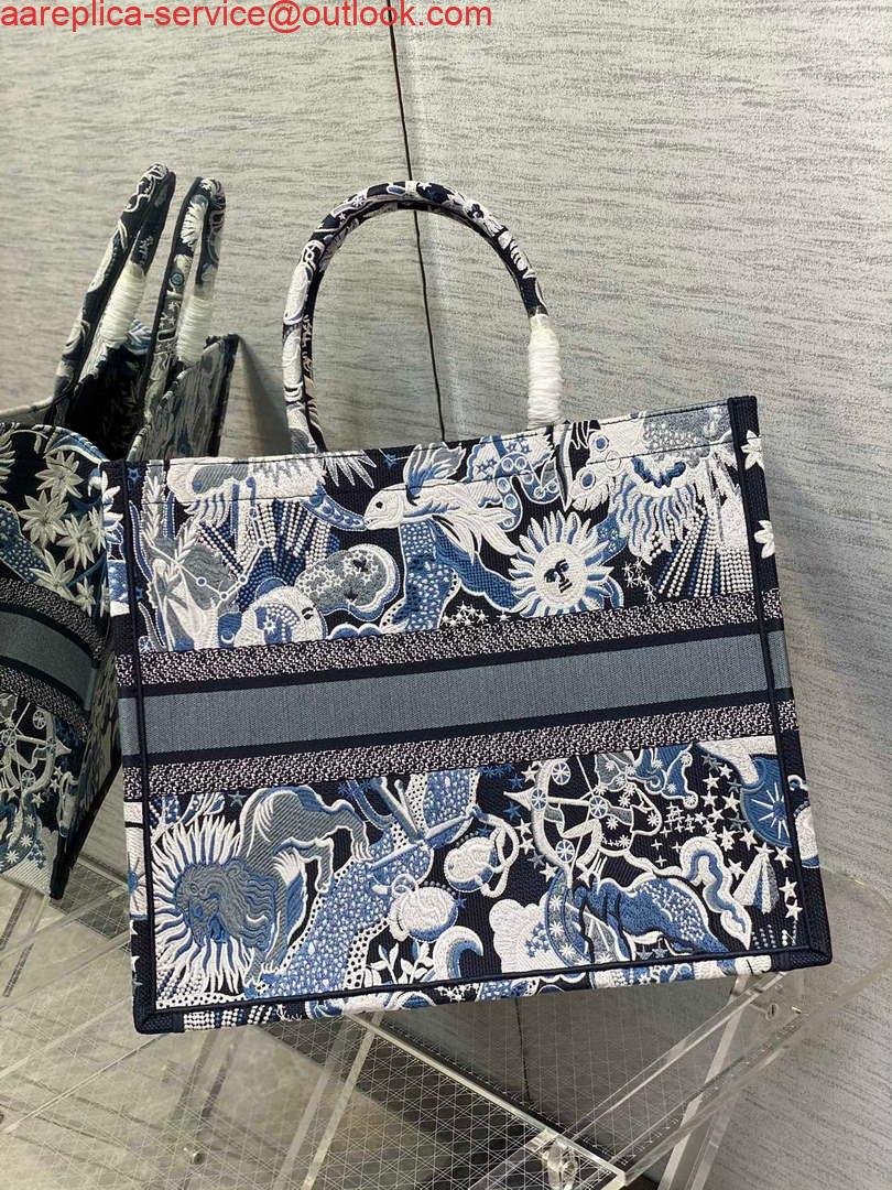 Dior M1286 Large Book Tote Blue Multicolor Zodiac Fantastico Embroidery