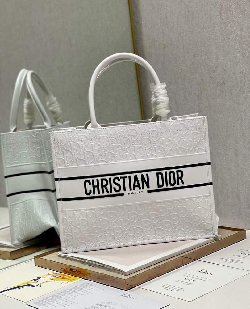 Dior M1296 Medium Book Tote White Perforated and Embossed Oblique Calfskin
