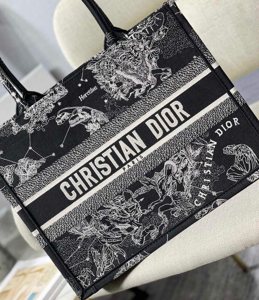 Dior M1296 Medium Book Tote Black Toile de Jouy Zodiac latte embroidery