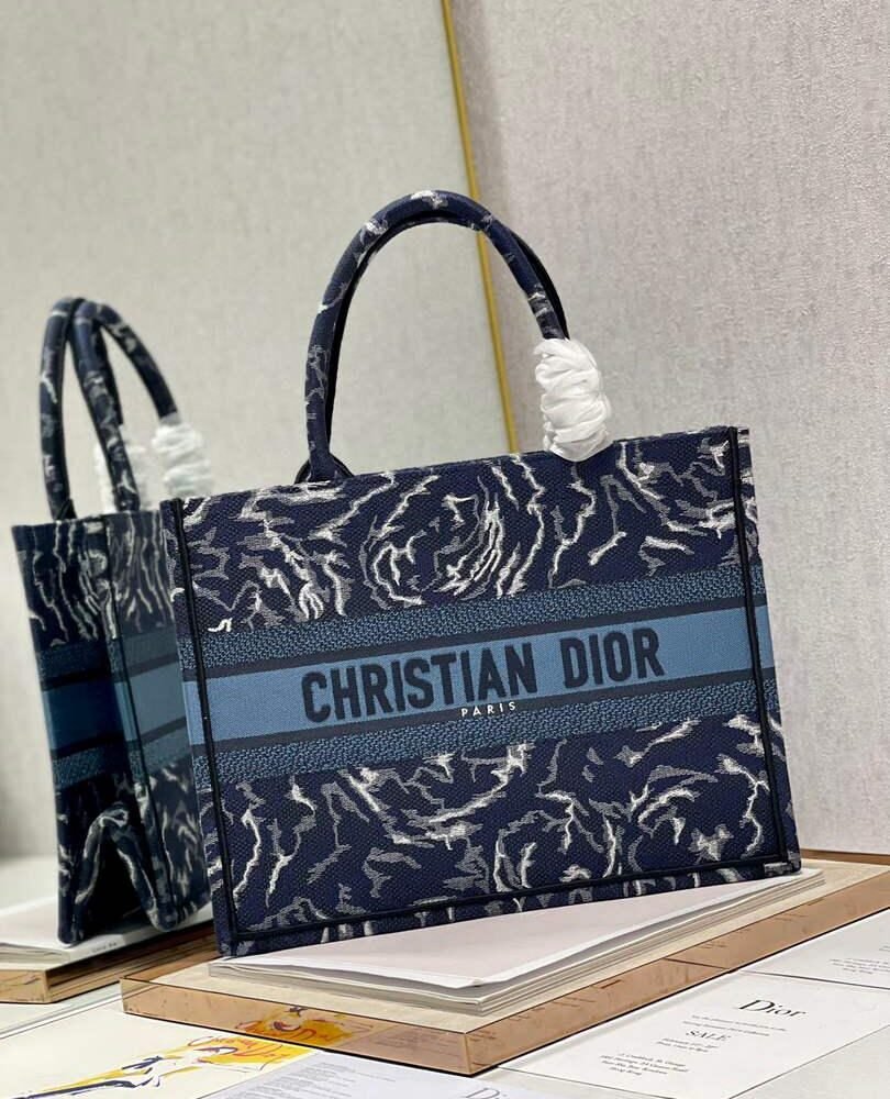 Dior M1296 Medium Book Tote Blue Roses embroidery