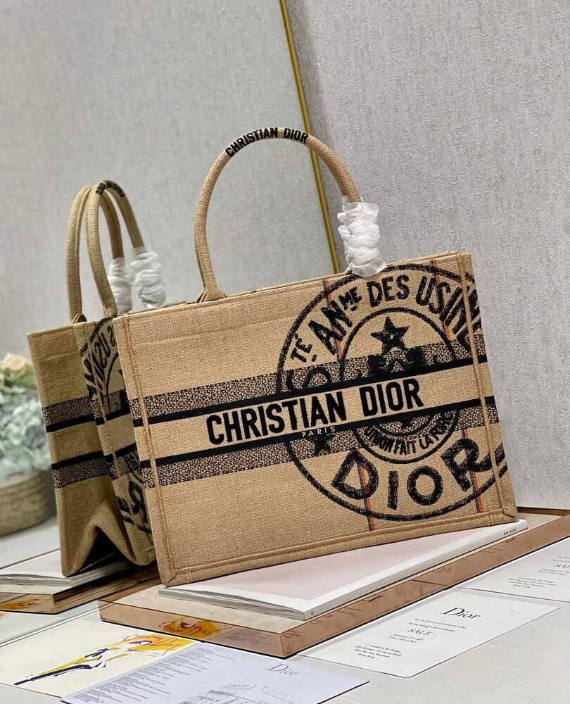Dior M1296 Medium Book Tote Beige jute fabric with Union motif embroidery