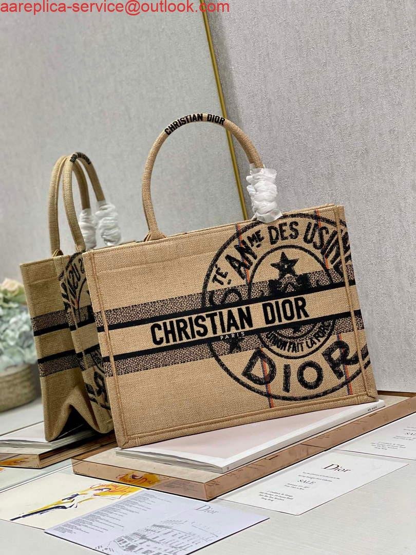 Dior M1296 Medium Book Tote Beige jute fabric with Union motif embroidery