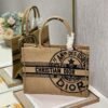 Dior M1296 Medium Book Tote Beige jute fabric with Union motif embroidery