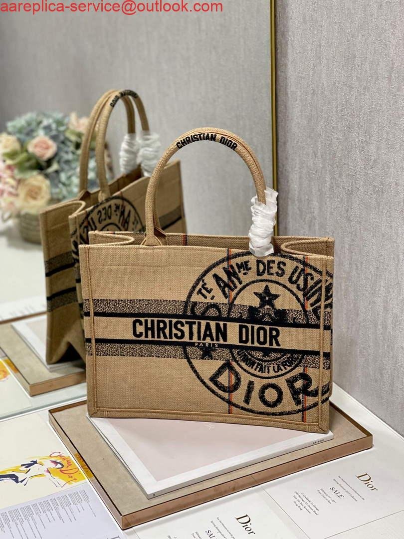 Dior M1296 Medium Book Tote Beige jute fabric with Union motif embroidery