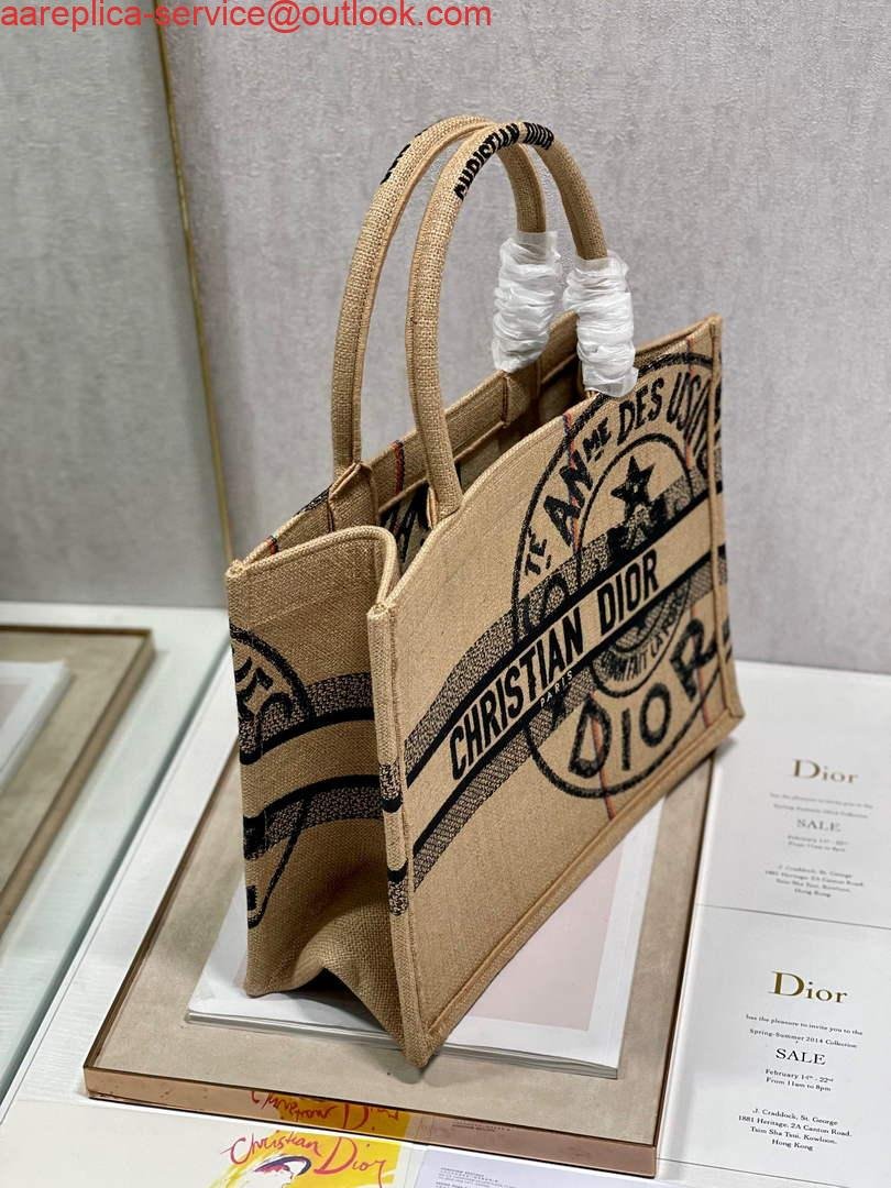 Dior M1296 Medium Book Tote Beige jute fabric with Union motif embroidery