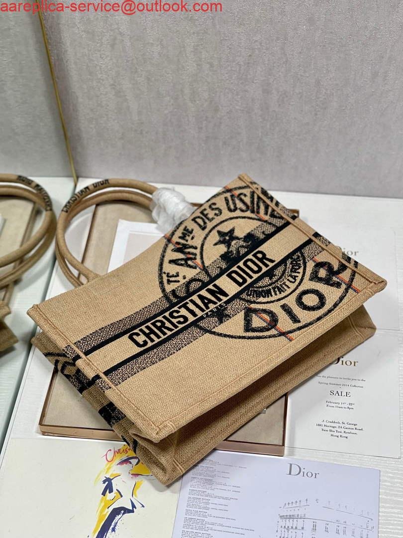 Dior M1296 Medium Book Tote Beige jute fabric with Union motif embroidery