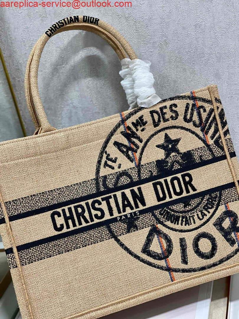 Dior M1296 Medium Book Tote Beige jute fabric with Union motif embroidery