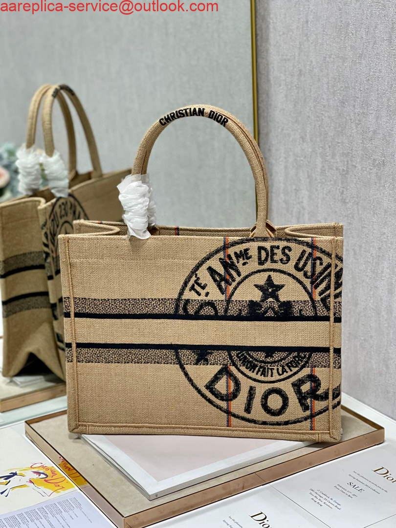 Dior M1296 Medium Book Tote Beige jute fabric with Union motif embroidery