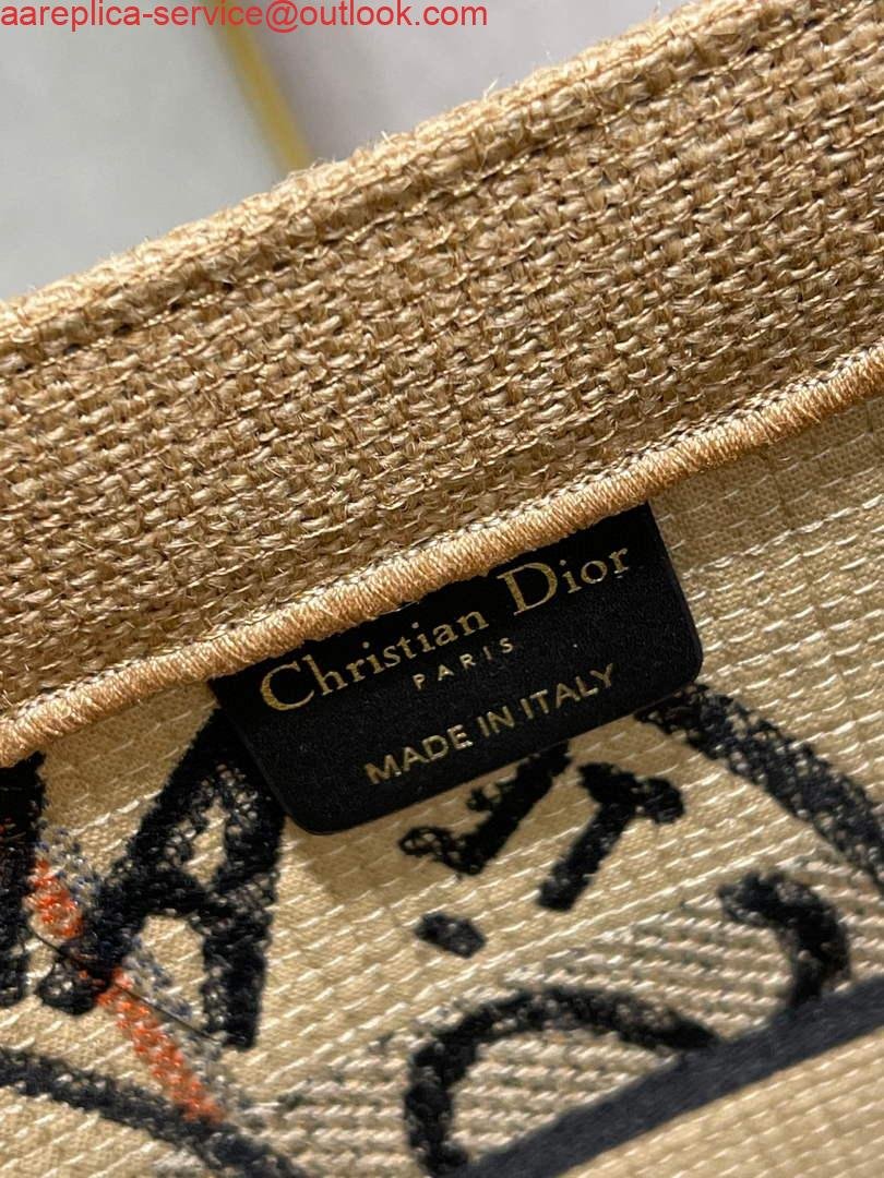 Dior M1296 Medium Book Tote Beige jute fabric with Union motif embroidery