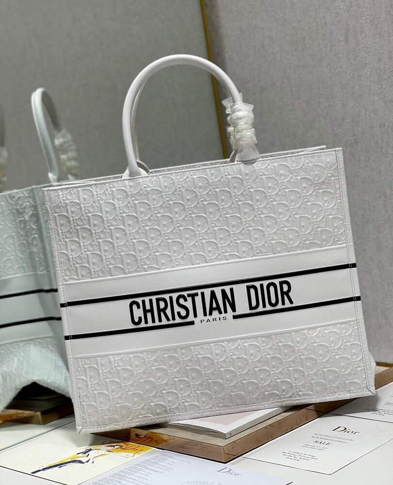 Dior M1286 Large Book Tote White Perforated and Embossed Oblique Calfskin