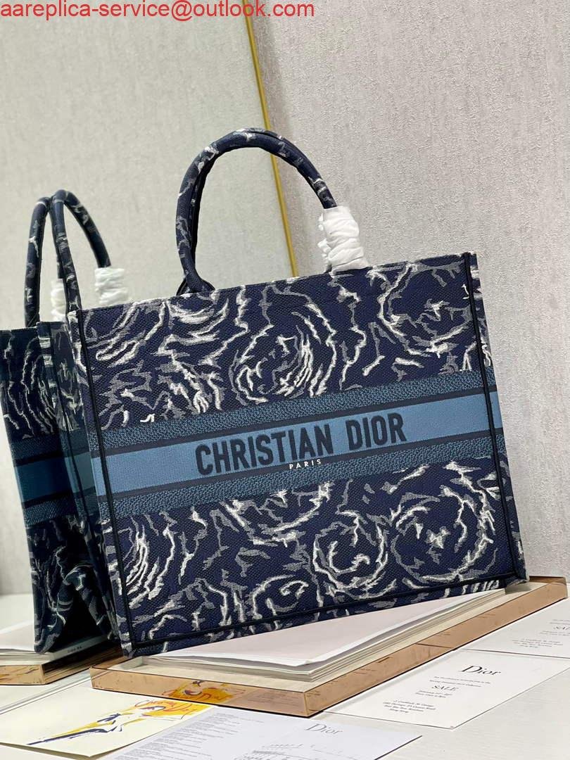 Dior M1286 Large Book Tote Blue Dior Roses embroidery
