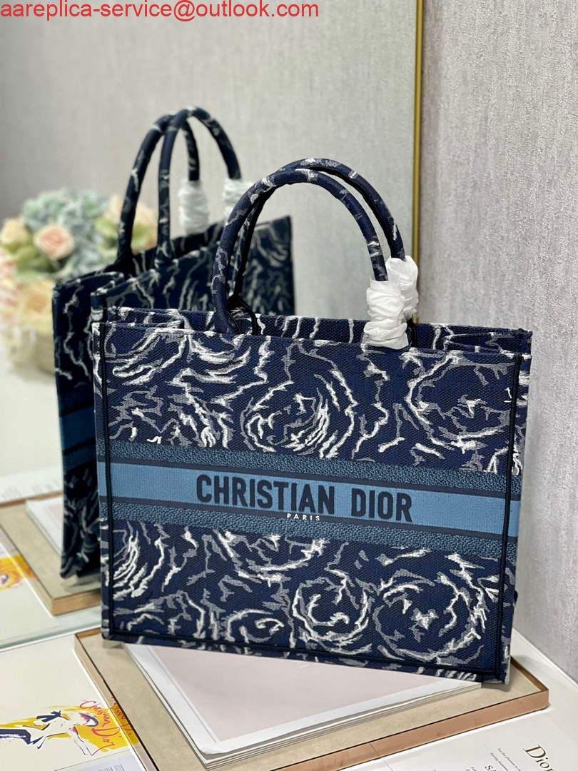 Dior M1286 Large Book Tote Blue Dior Roses embroidery