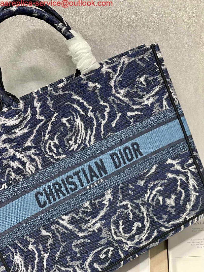 Dior M1286 Large Book Tote Blue Dior Roses embroidery