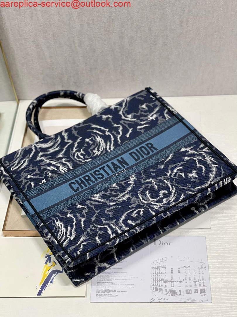 Dior M1286 Large Book Tote Blue Dior Roses embroidery