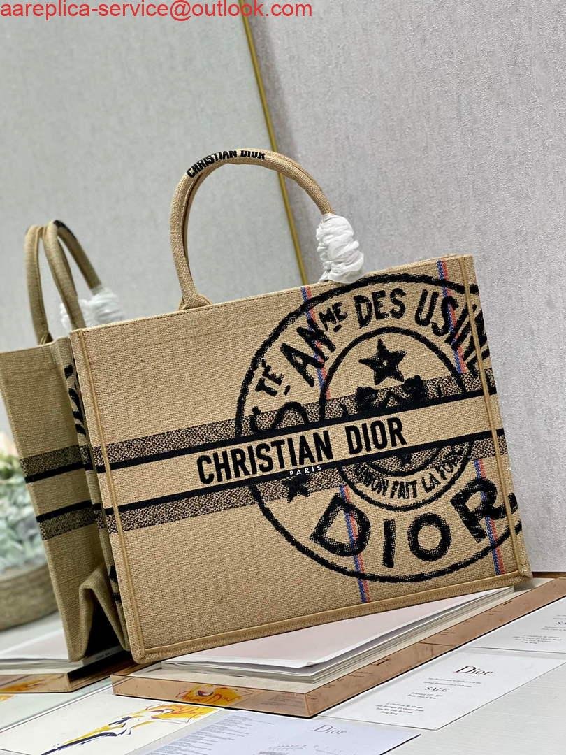 Dior M1286 Large Book Tote Beige jute fabric with Union motif embroidery