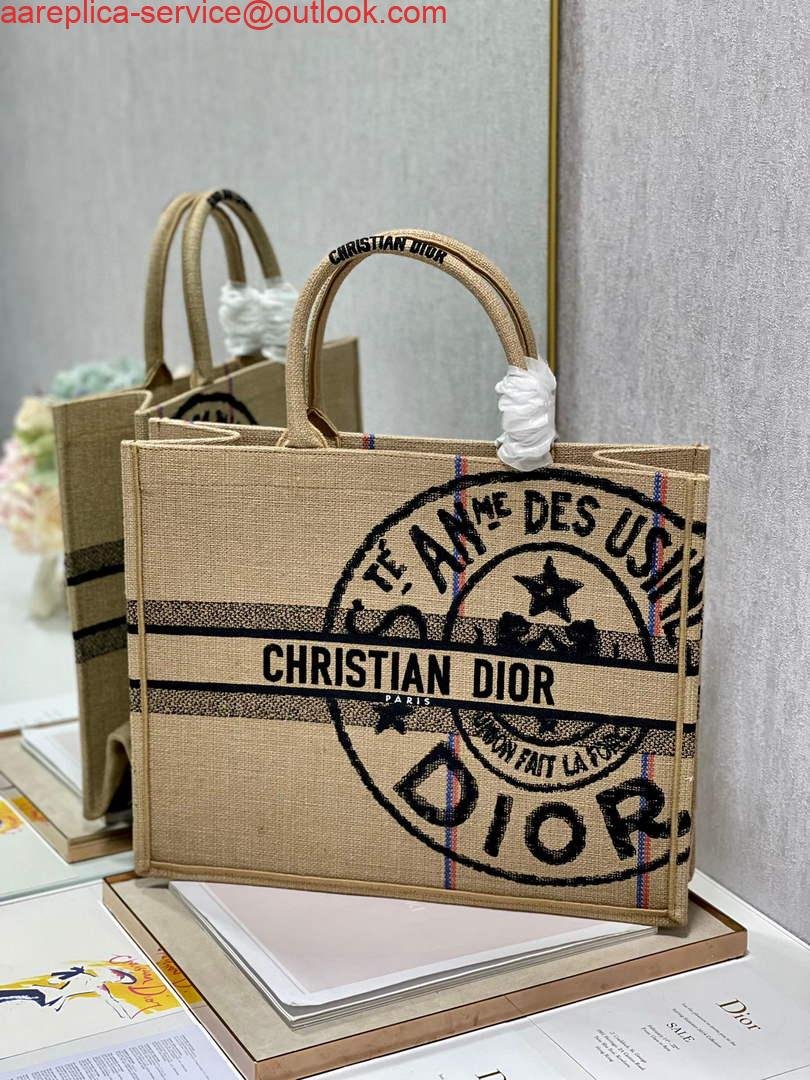 Dior M1286 Large Book Tote Beige jute fabric with Union motif embroidery