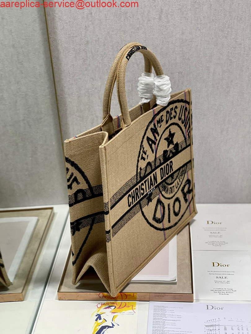 Dior M1286 Large Book Tote Beige jute fabric with Union motif embroidery