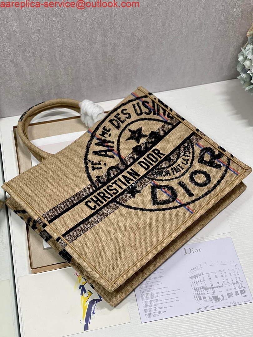 Dior M1286 Large Book Tote Beige jute fabric with Union motif embroidery