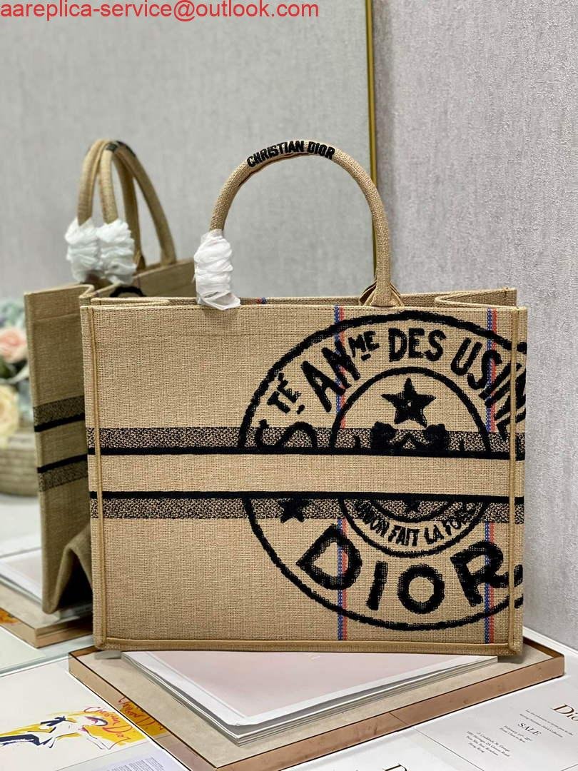 Dior M1286 Large Book Tote Beige jute fabric with Union motif embroidery