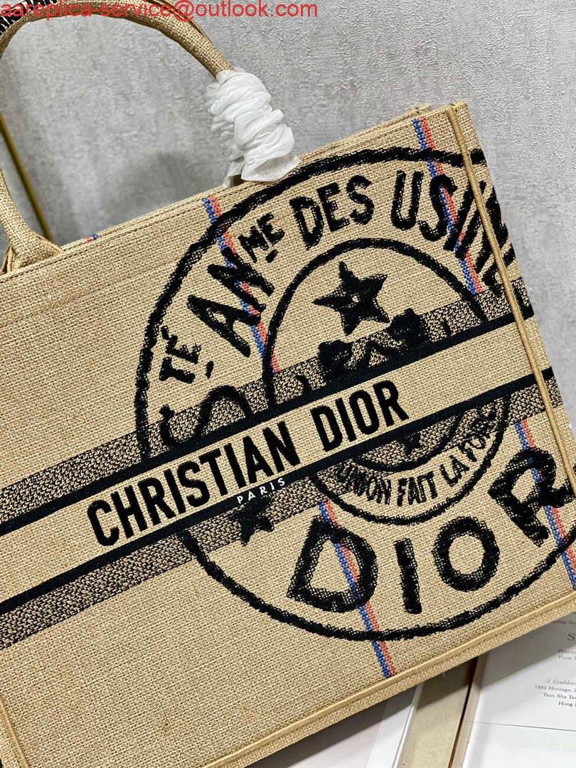 Dior M1286 Large Book Tote Beige jute fabric with Union motif embroidery