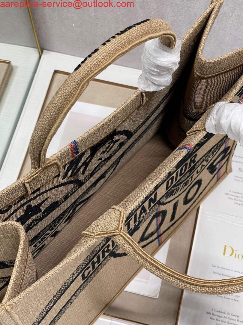 Dior M1286 Large Book Tote Beige jute fabric with Union motif embroidery