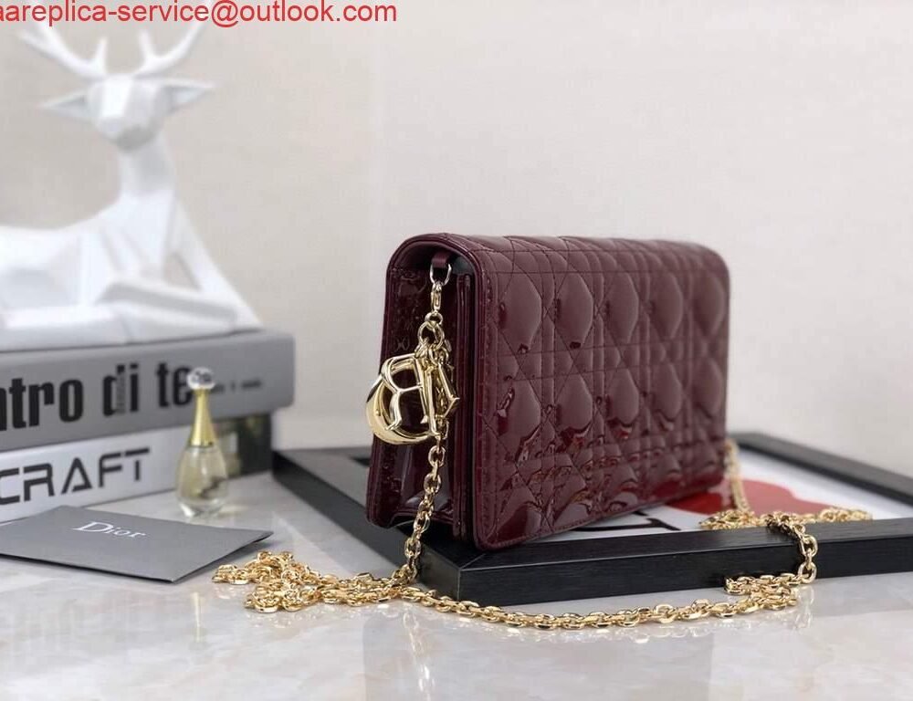 Replica Dior S0204 Lady Dior Pouch Patent Cannage Calfskin Wine Red