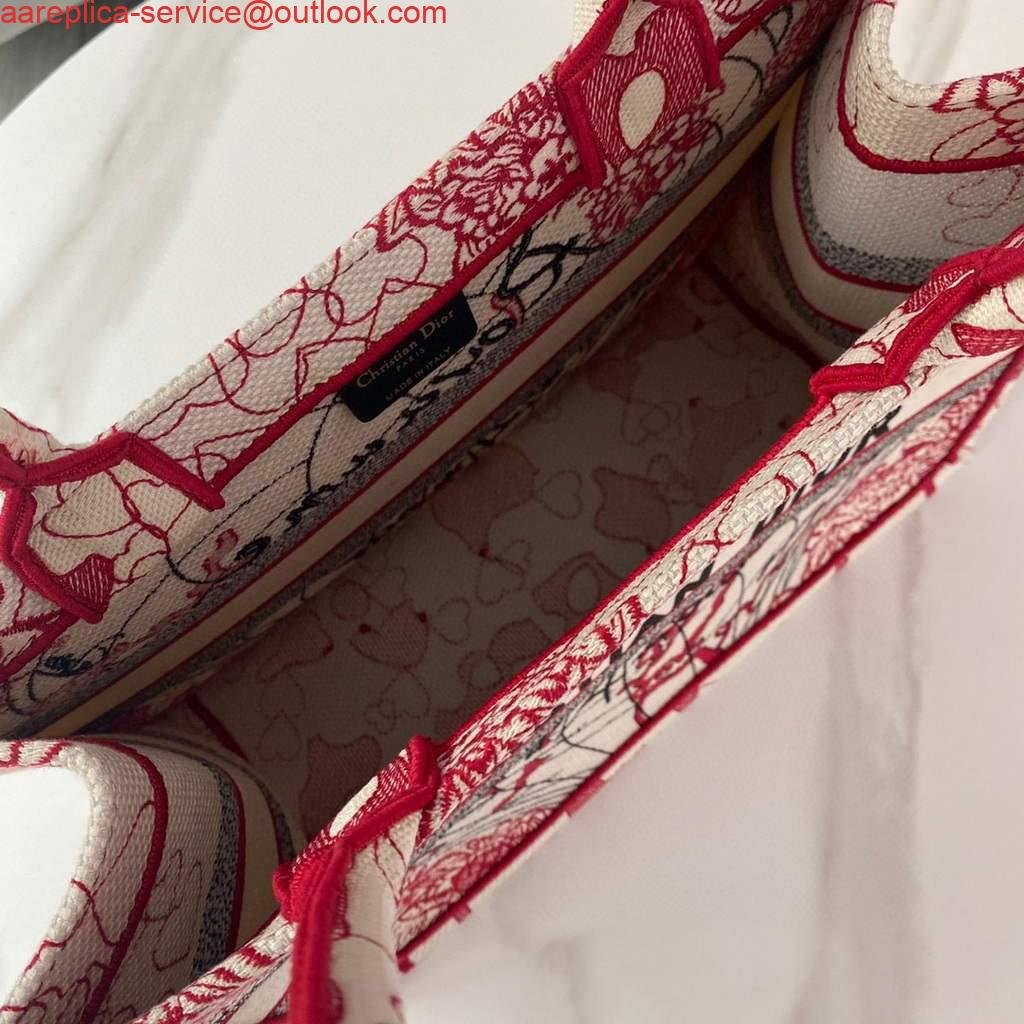 Dior M1296 Small DIOR BOOK TOTE Red and White D-Royaume d'Amour Embroidery Red and white