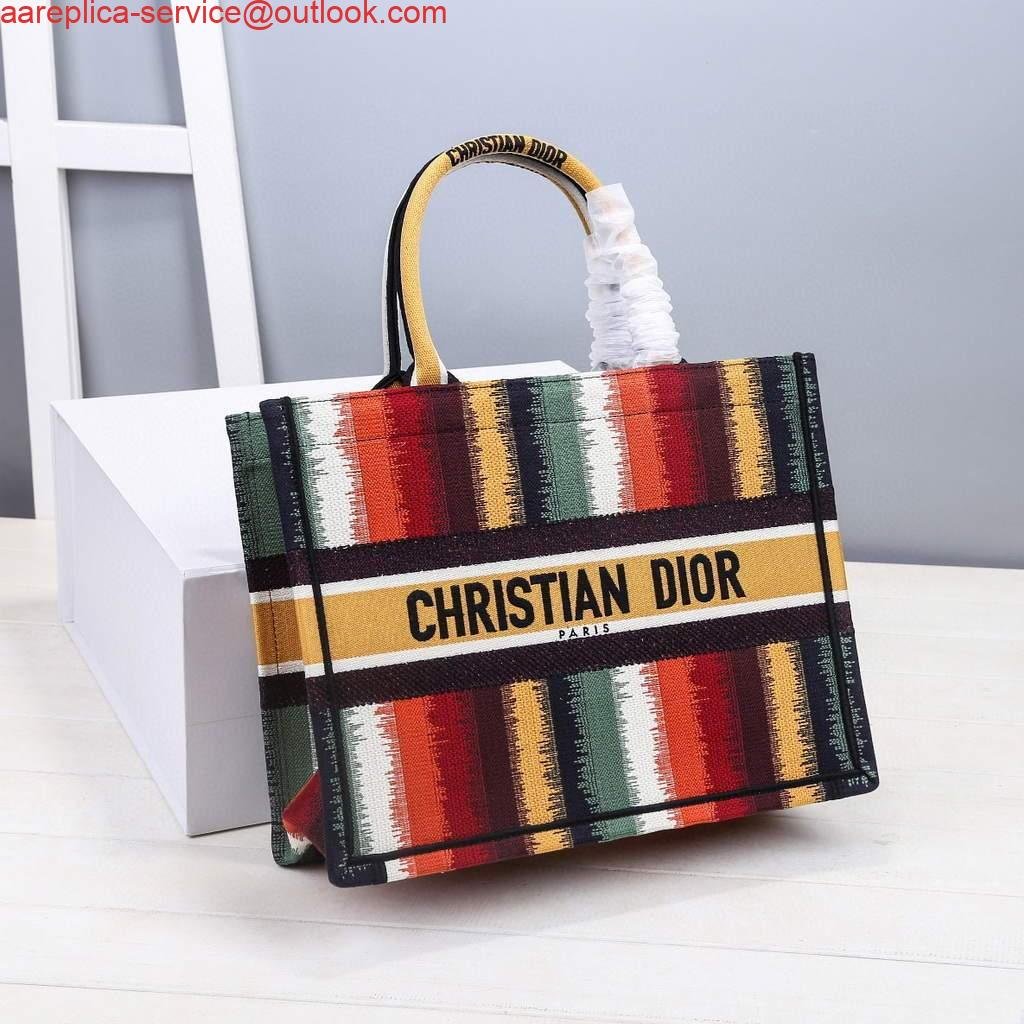 Dior M1286 Dior Book Tote Red Multicolor D-Stripes Embroidery