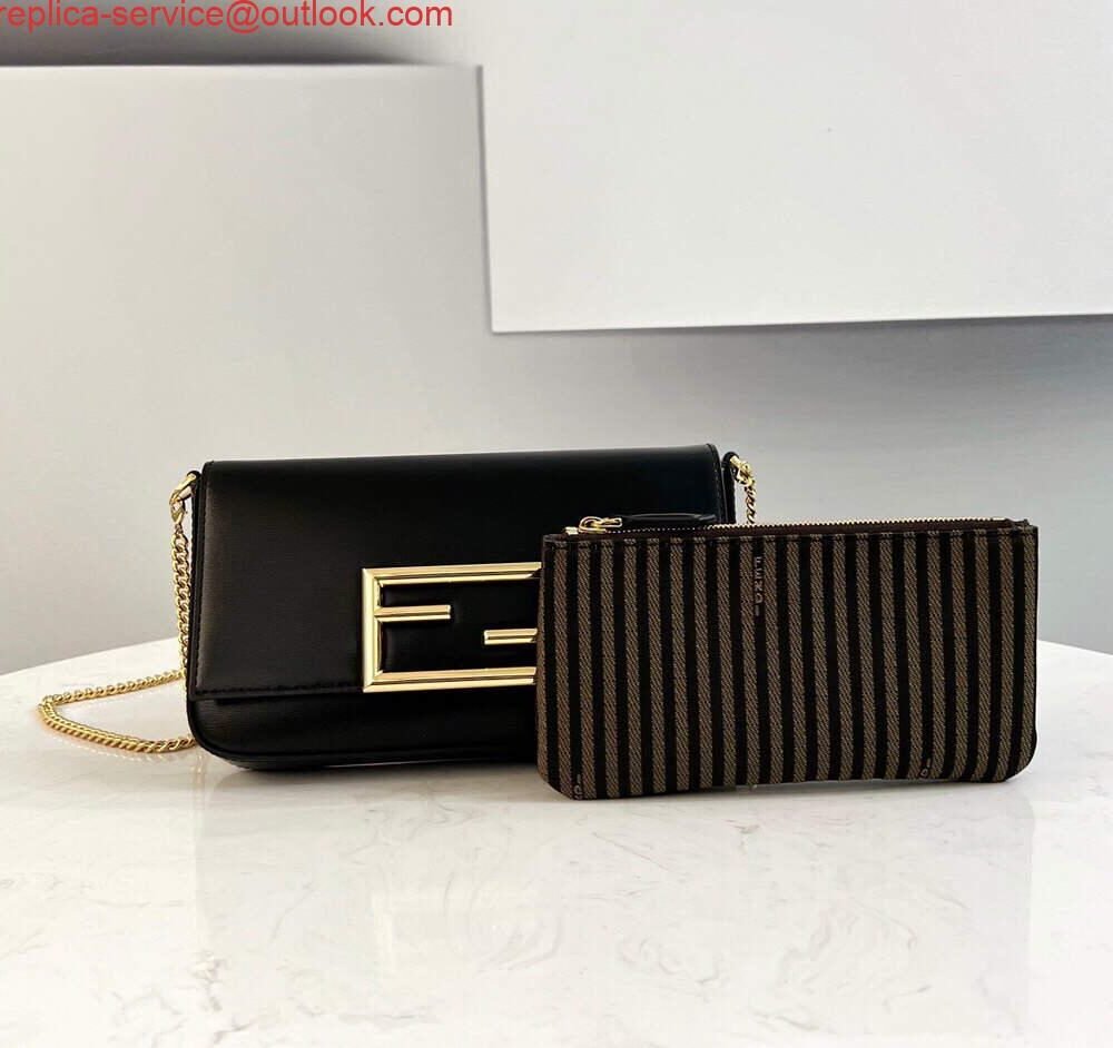 Fendi 8521 Baguette Chain Midi Shoulder Bag Black