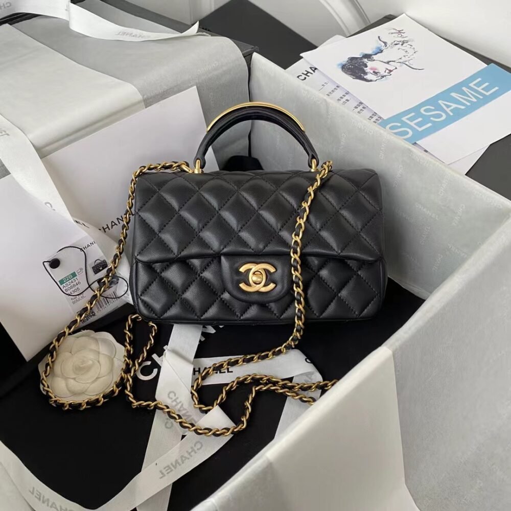 Replica Chanel Lambskin Mini 1:1 Mirror Flap Bag With Top Handle UK Black As2431