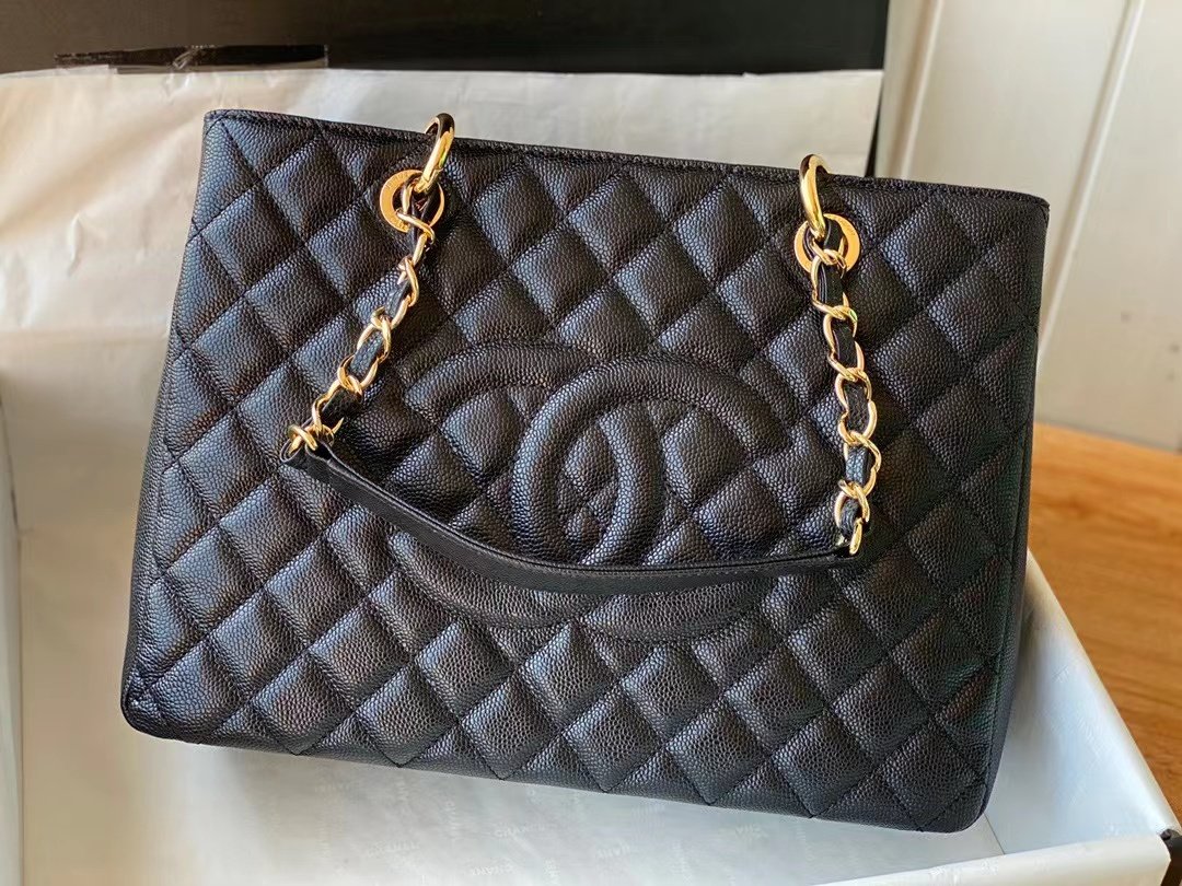 Replica Chanel Grand Shopping Top Quality Black Tote Quilted Caviar High A50995