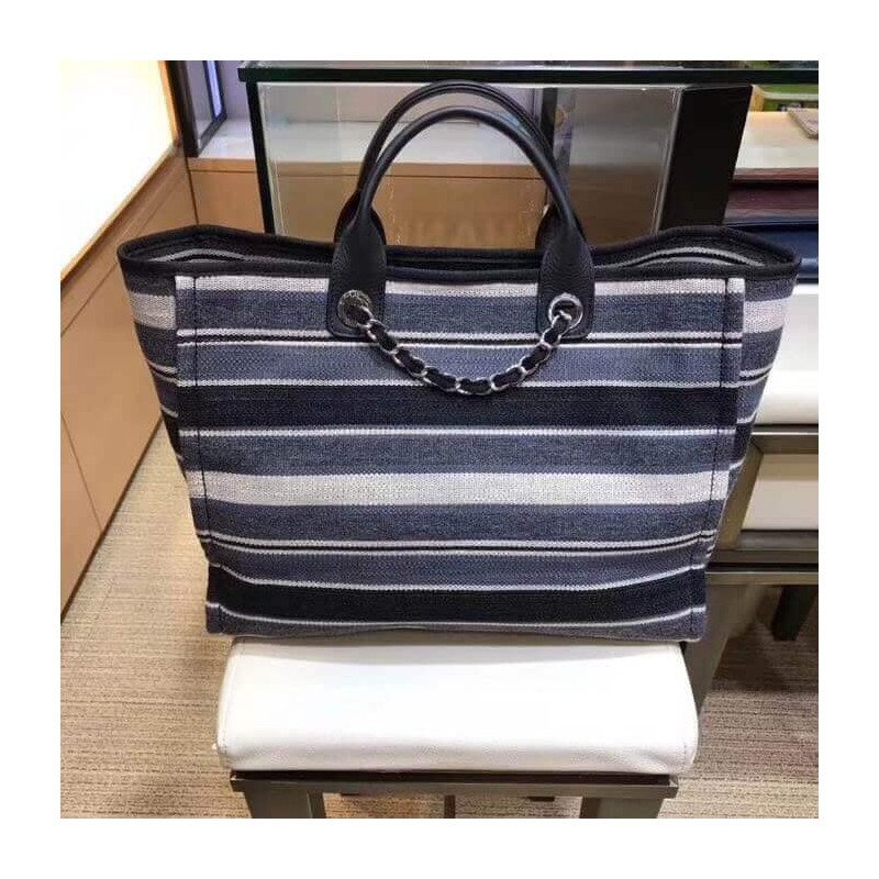 Chanel Deauville Black High Quality Grey Striped Tweed Canvas Tote A66941