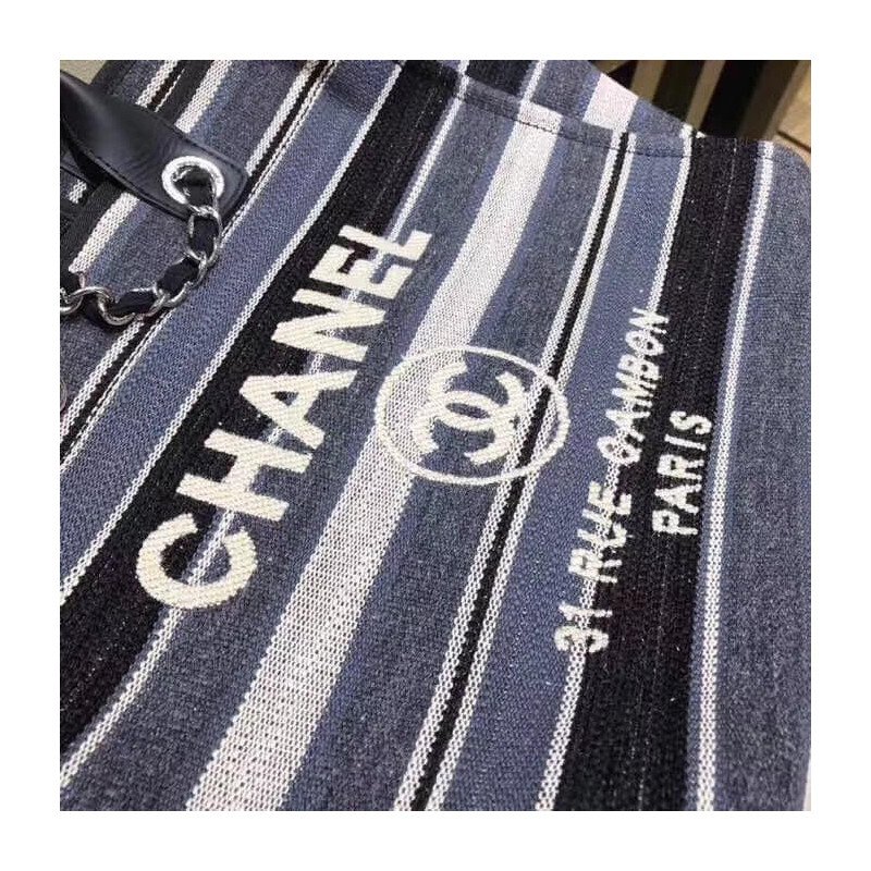 Chanel Deauville Black High Quality Grey Striped Tweed Canvas Tote A66941