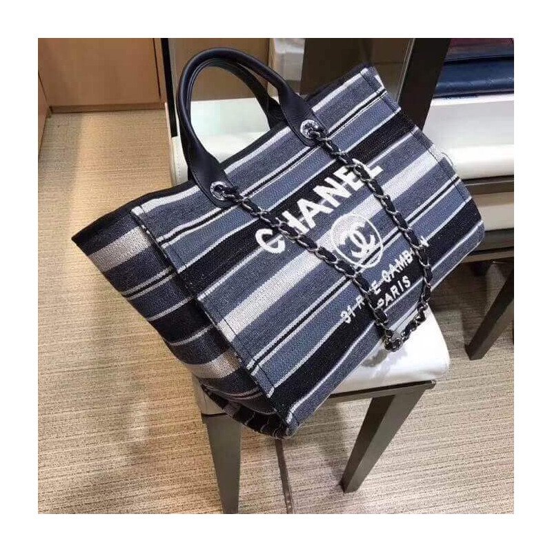 Chanel Deauville Black High Quality Grey Striped Tweed Canvas Tote A66941