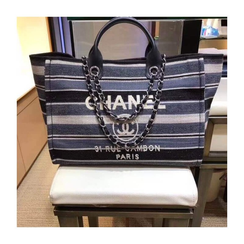 Chanel Deauville Black High Quality Grey Striped Tweed Canvas Tote A66941