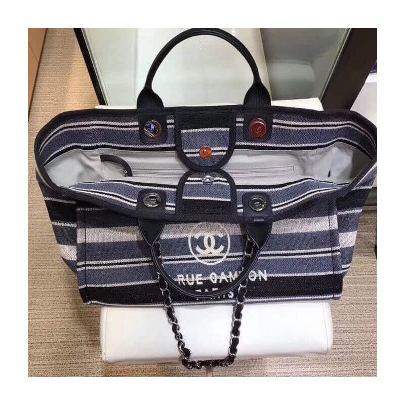 Chanel Deauville Black High Quality Grey Striped Tweed Canvas Tote A66941