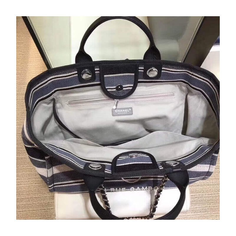 Chanel Deauville Black High Quality Grey Striped Tweed Canvas Tote A66941