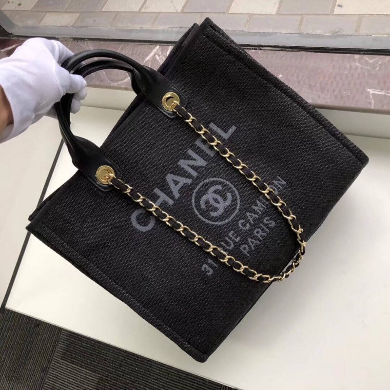Chanel Deauville Tote High Quality 38Cm Canvas Bag 7 Star A66941 Black / Grey